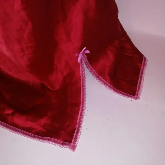 Victoria Secret Lingerie Chemise Slip Large Red Pink Satin Lace Trim Side Slit R